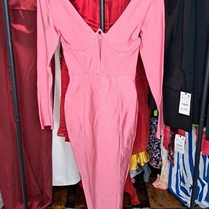 Misguided Women's Premium Bandage Cup midi Pink Long Sleeve Dress